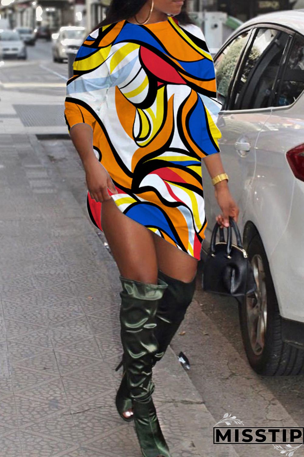 Black Casual Daily Print Patchwork O Neck Long Sleeve Dresses