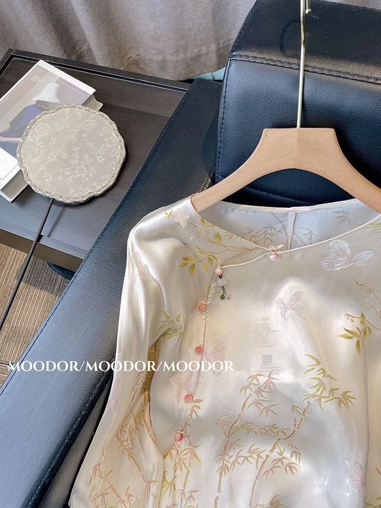 Ueong Chinese Style Bamboo Printing Medium Sleeve Round Collar Blouse Thin Summer Loose Aging Beautiful Vintage Blouse