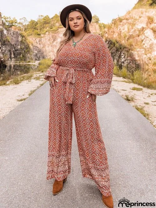 Plus Size Printed V-Neck Tie Front Balloon Sleeve Jumpsuit