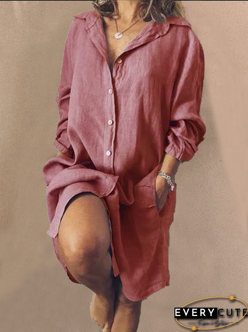 Casual V Neck Long Sleeve Solid Weaving Dress