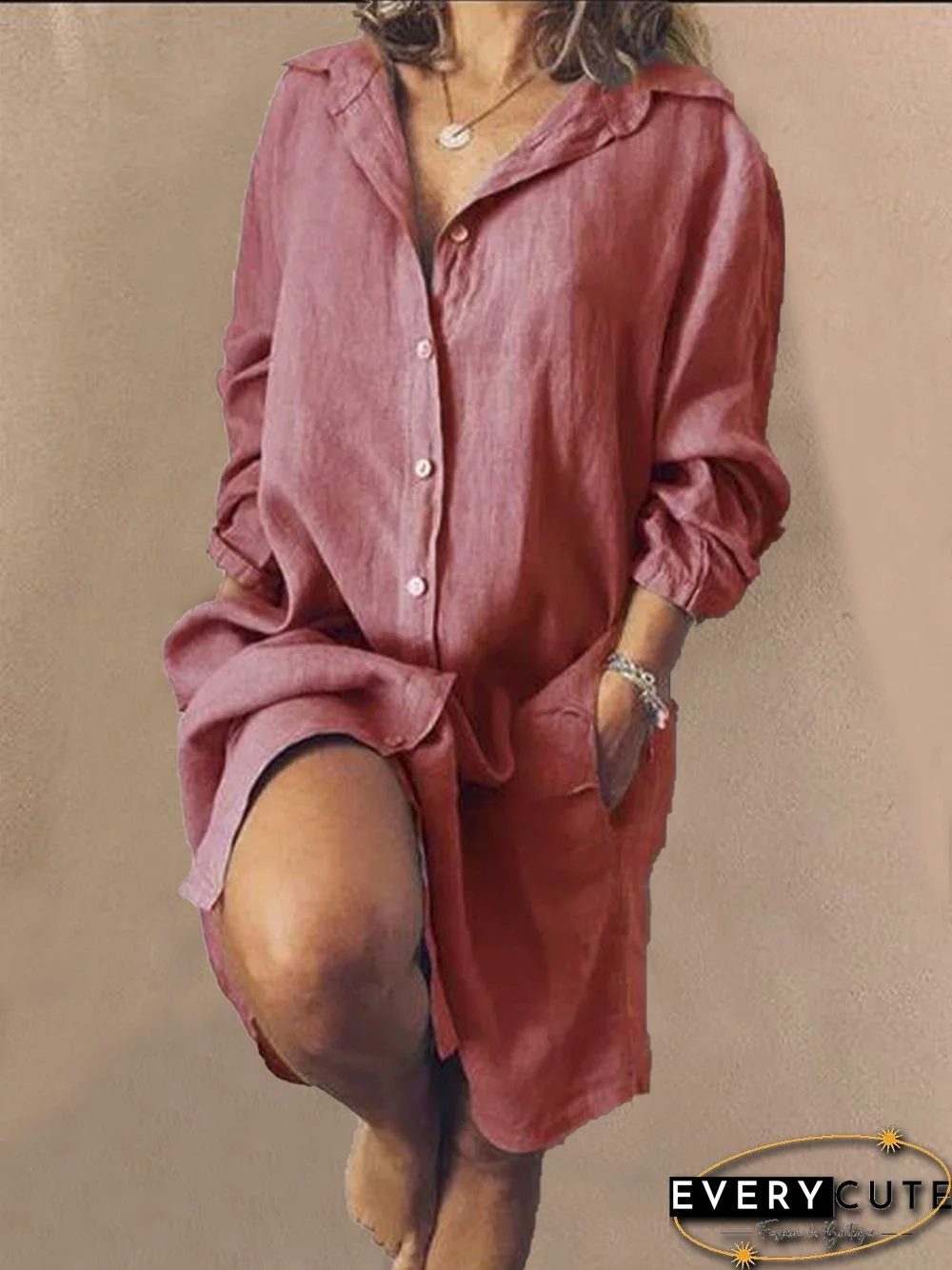 Casual V Neck Long Sleeve Solid Weaving Dress