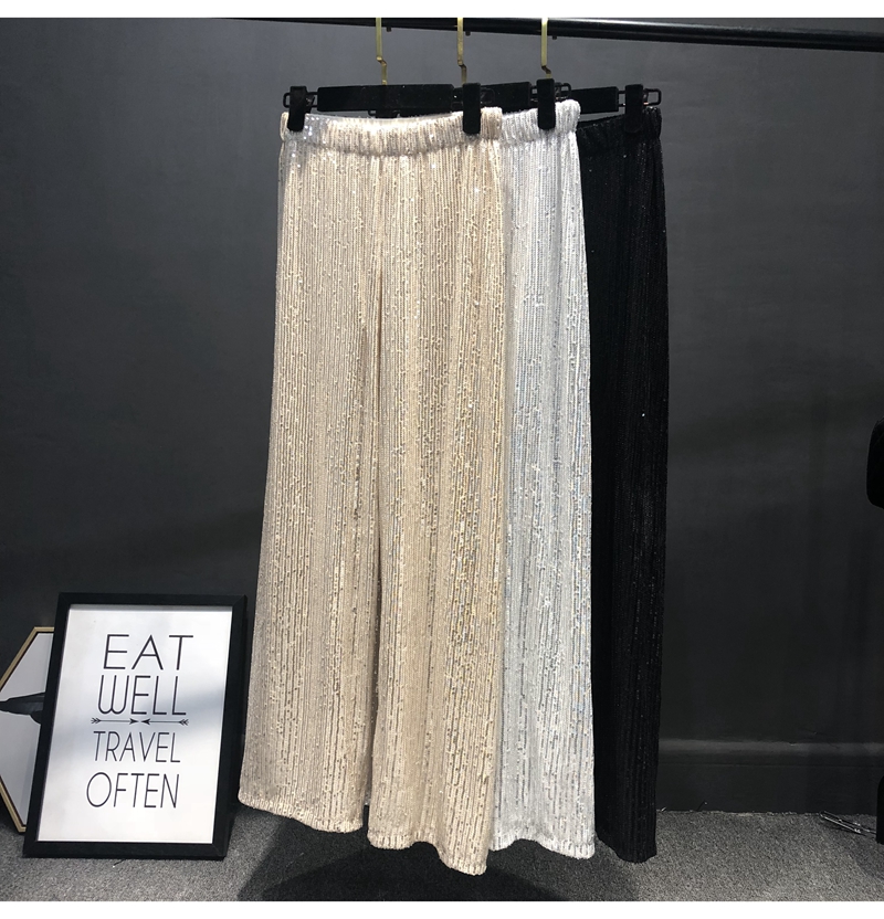 Ootddress Women Silver Full Sequined Wide Leg Pants Elastic Waist Bling Luxury Chic Capris Casual Gold Long Pants Female Club 2025