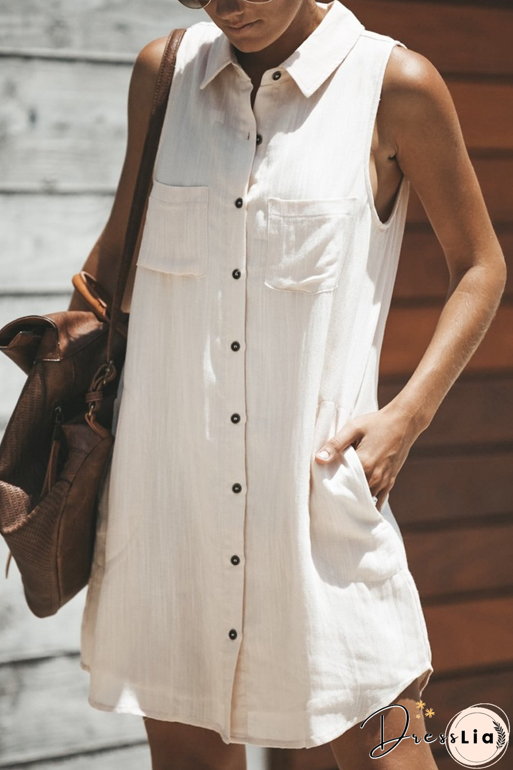 Solid Lapel Sleeveless Shirt Dress