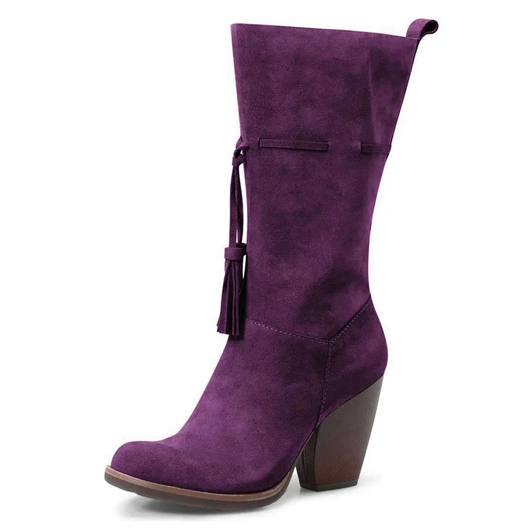 Purple Vegan Suede Boots Fringe Chunky Heel Mid Calf Boots |FSJ Shoes