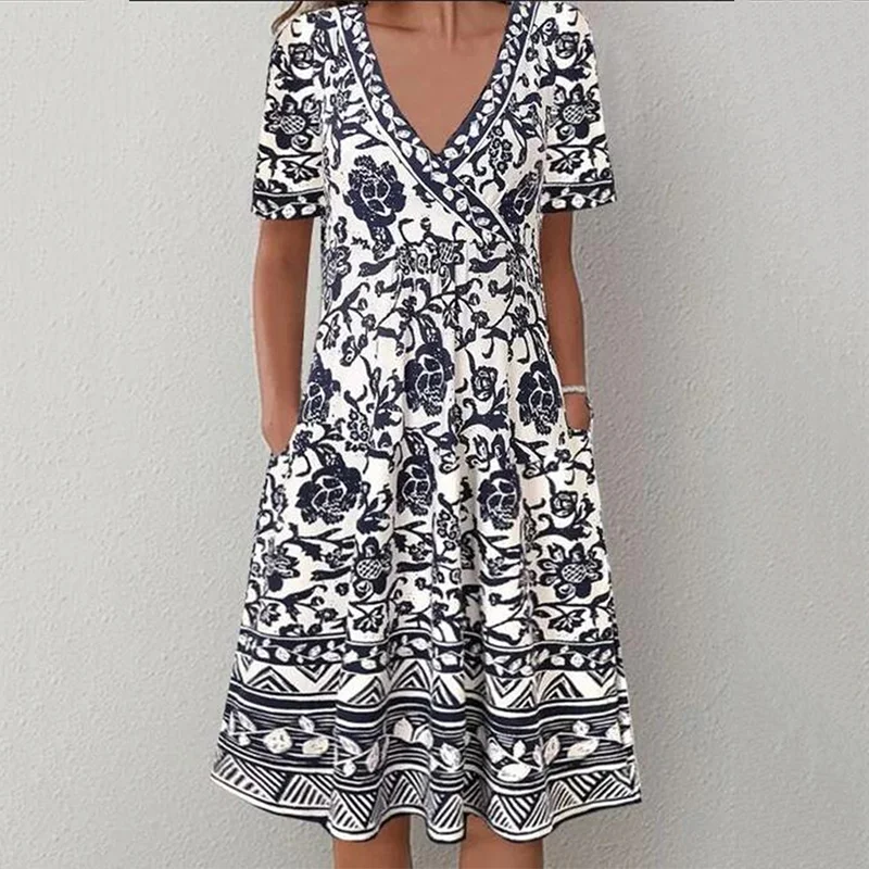 Short Sleeve Printed V-Neck All-Match Dress