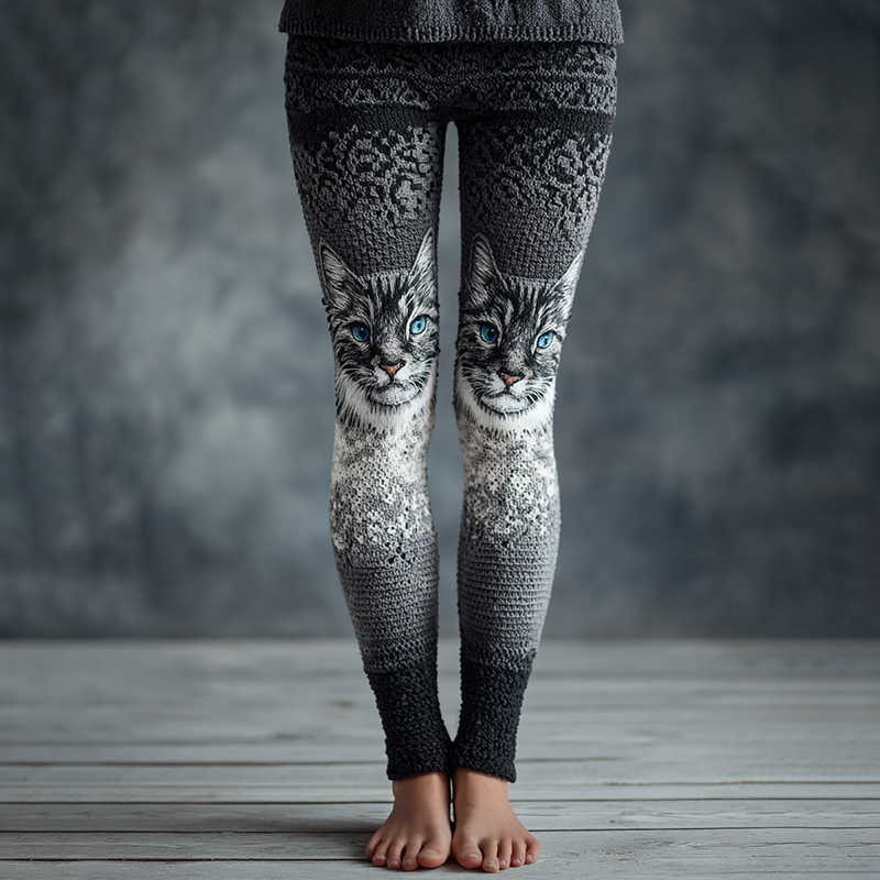 Women's Cat Face Embroidered Cozy Knit Leggings