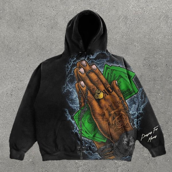 Casual Palm And Money Print Long Sleeve Hoodie