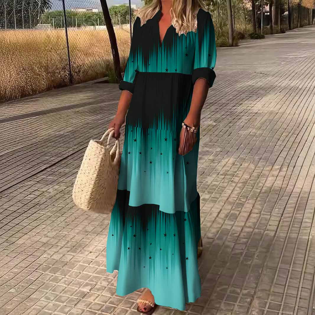 Women Green, Gradient DZDN0065 SPU Printed Long Sleeve V-neck Maxi Dress