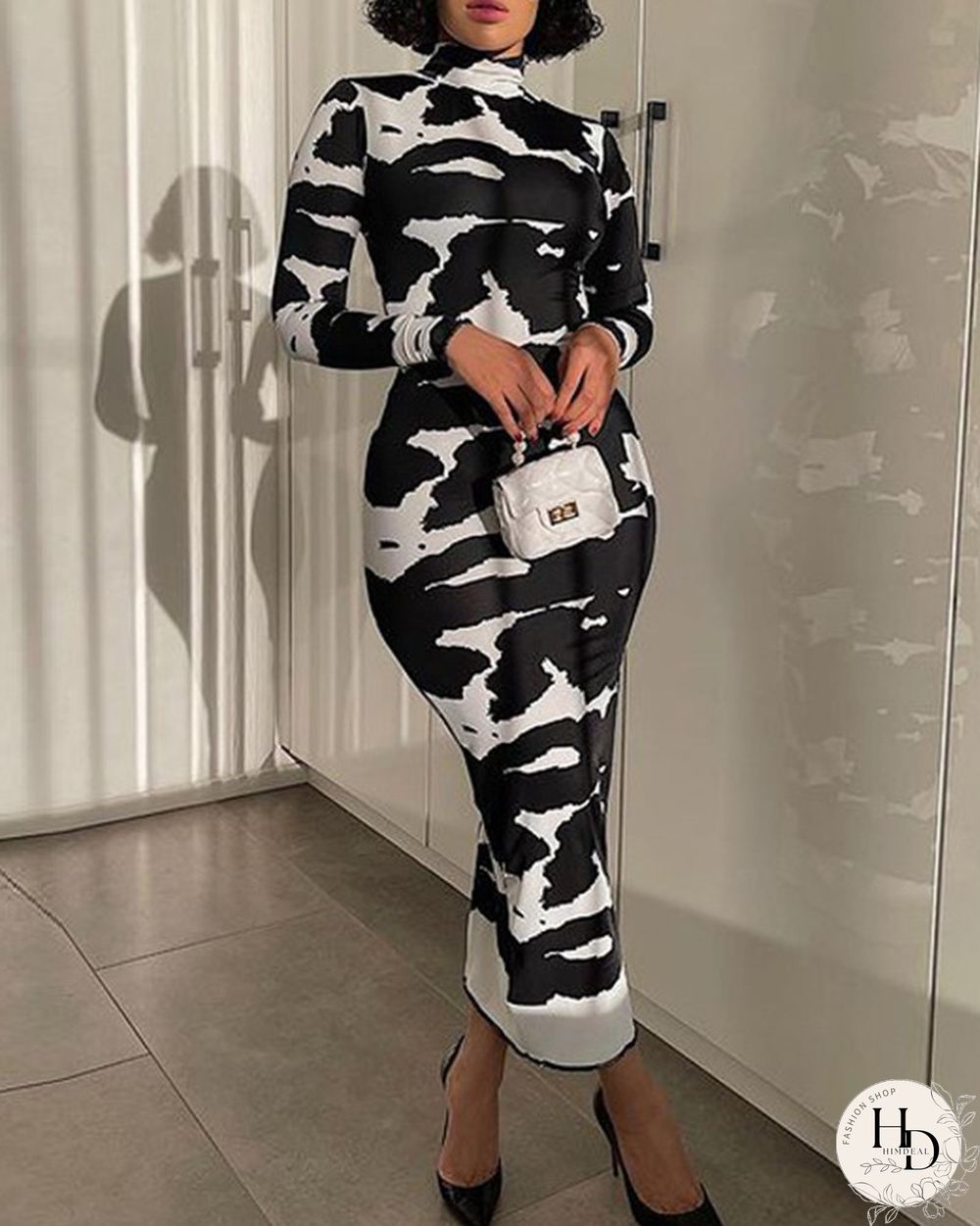 Abstract Print High Neck Bodycon Dress