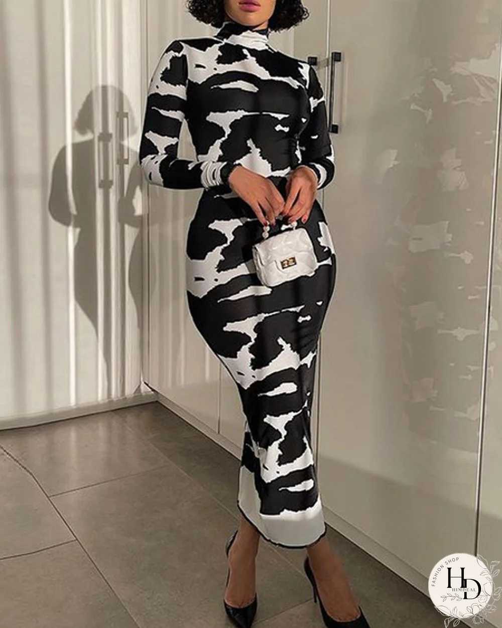 Abstract Print High Neck Bodycon Dress