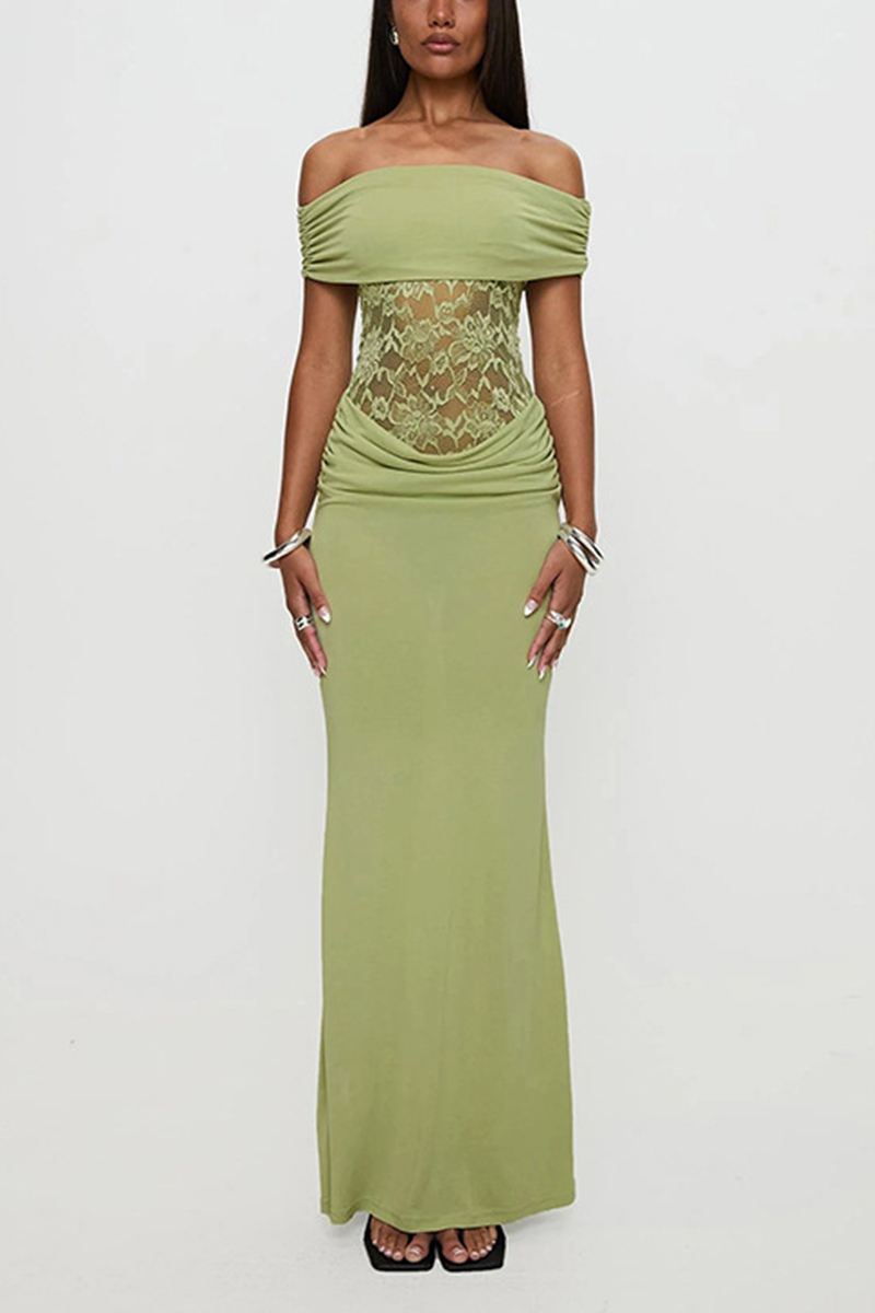 Women's Spring/Summer New Solid Color Off Shoulder Splicing Lace Extra Long Slimming Dress