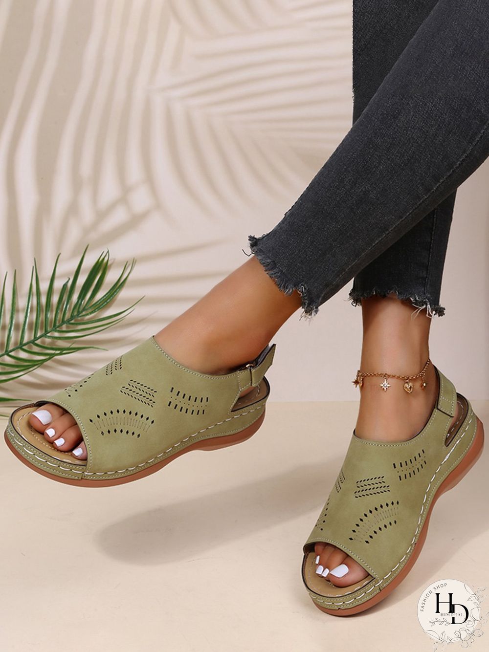 Cutout Velcro Vintage Casual Velcro Wedge Sandals