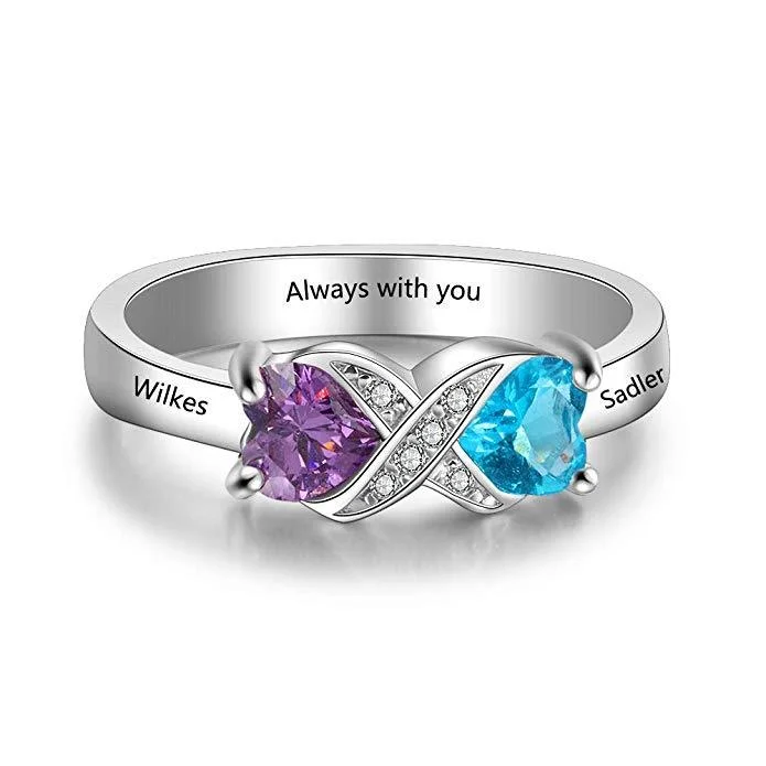 Personalized Infinity Mothers Ring with 2 Heart Simulated Birthstones Engagement Promise Rings for Women