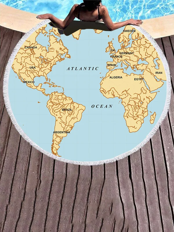 Map Earth Microfiber Printing Round Shape Tasseled Beanch Mat