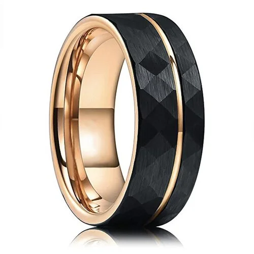 6MM 8MM Women's or Men's Tungsten Carbide Wedding Rings Hammered Brushed Black With Rose Gold Interior And Stripe Design