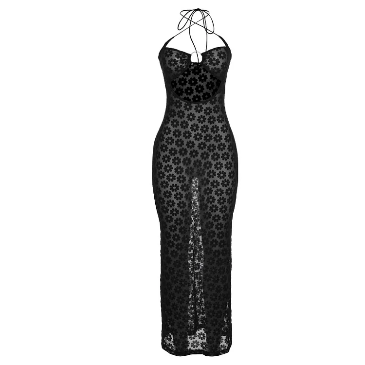 Hanging Neck Hollow Out See-through Slimming Hip Dress