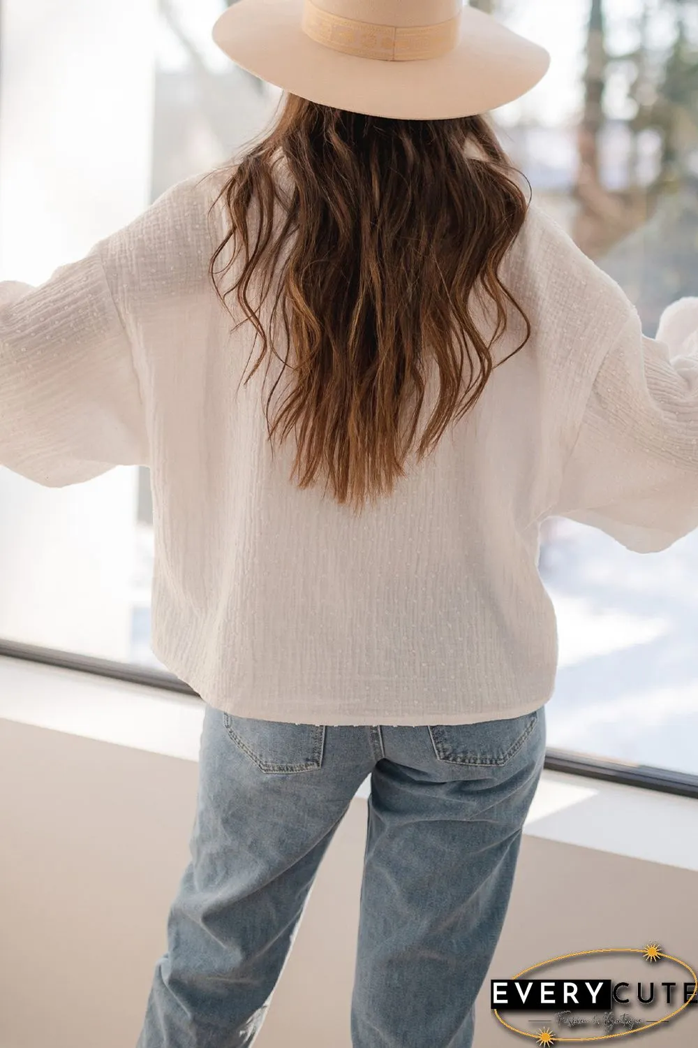 White Lace Trim Dotty Crinkle Texture Shirt