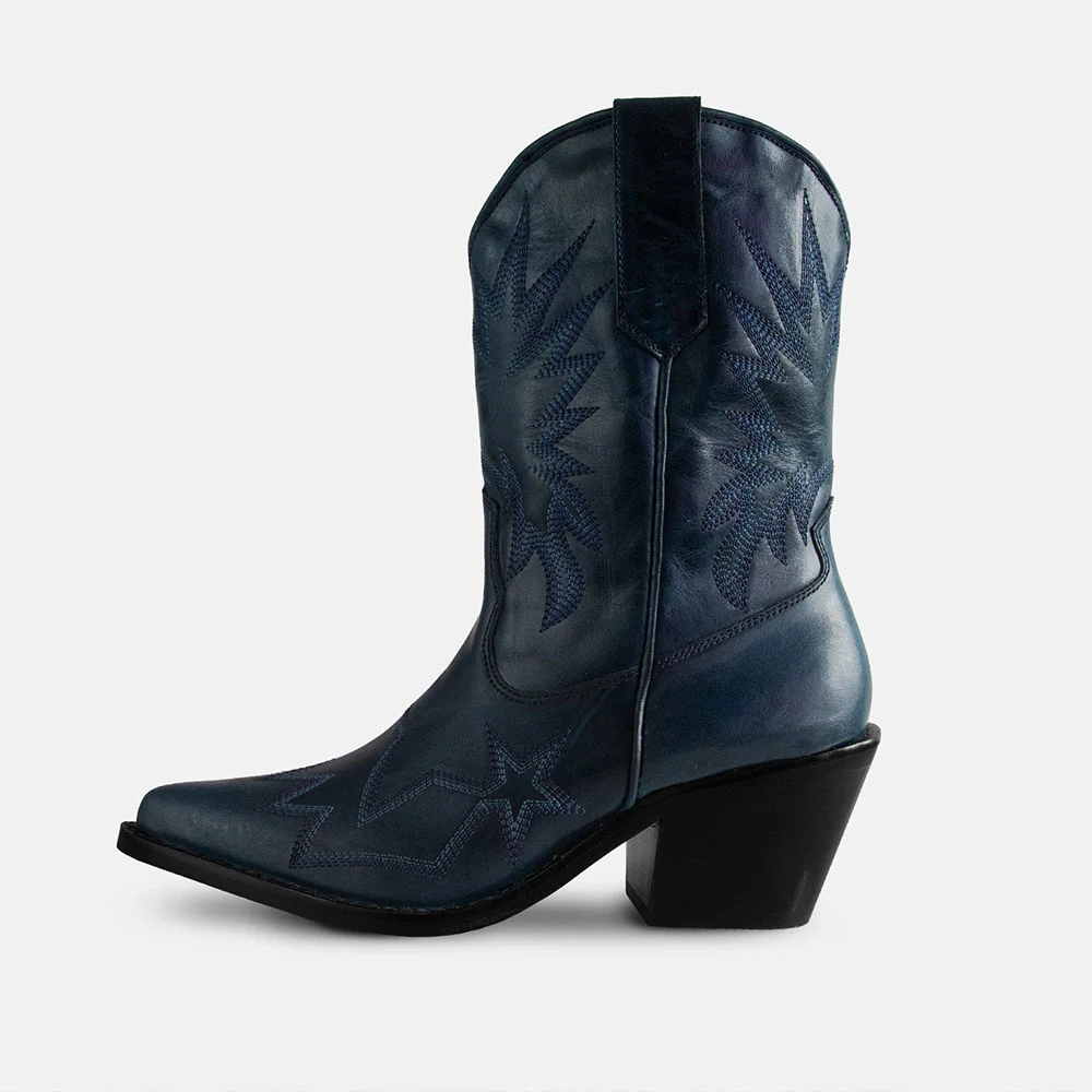 Navy Faux Leather Pointed Toe Chunky Heel Embroidered Cowgirl Boots 