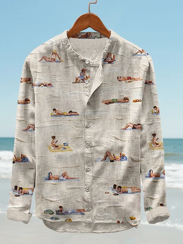Men's Beach Sunbathing Oil Painting Print Long Sleeve Shirt