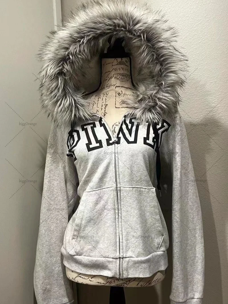 Aonga Gothic Punk Retro Fur Collar Zipper Hoodie Y2K Harajuku Vintage Trendy Brand Streetwear Sweatshirt Winter Clothing Women Jacket aonga