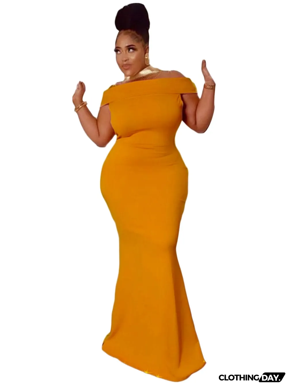 Fall Orange Off Shoulder Fishtail Long Evening Dress