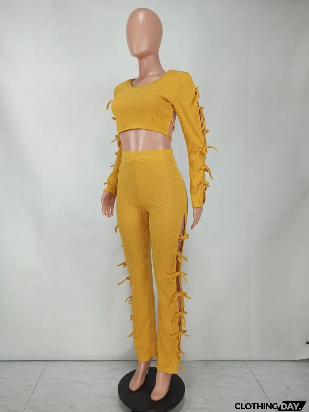Spring Sexy Ginger Round Neck Hollow Out Backless Long SLeeve Crop Top and Match Pants wholesale Two Piece Sets