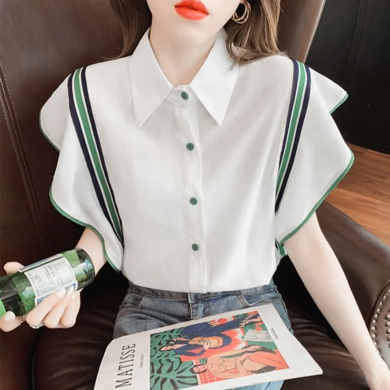 Jangj Collar Office Lady Solid Color Short Sleeved Button Blouse Fashion Summer New Striped Trend Korean Women's Clothing