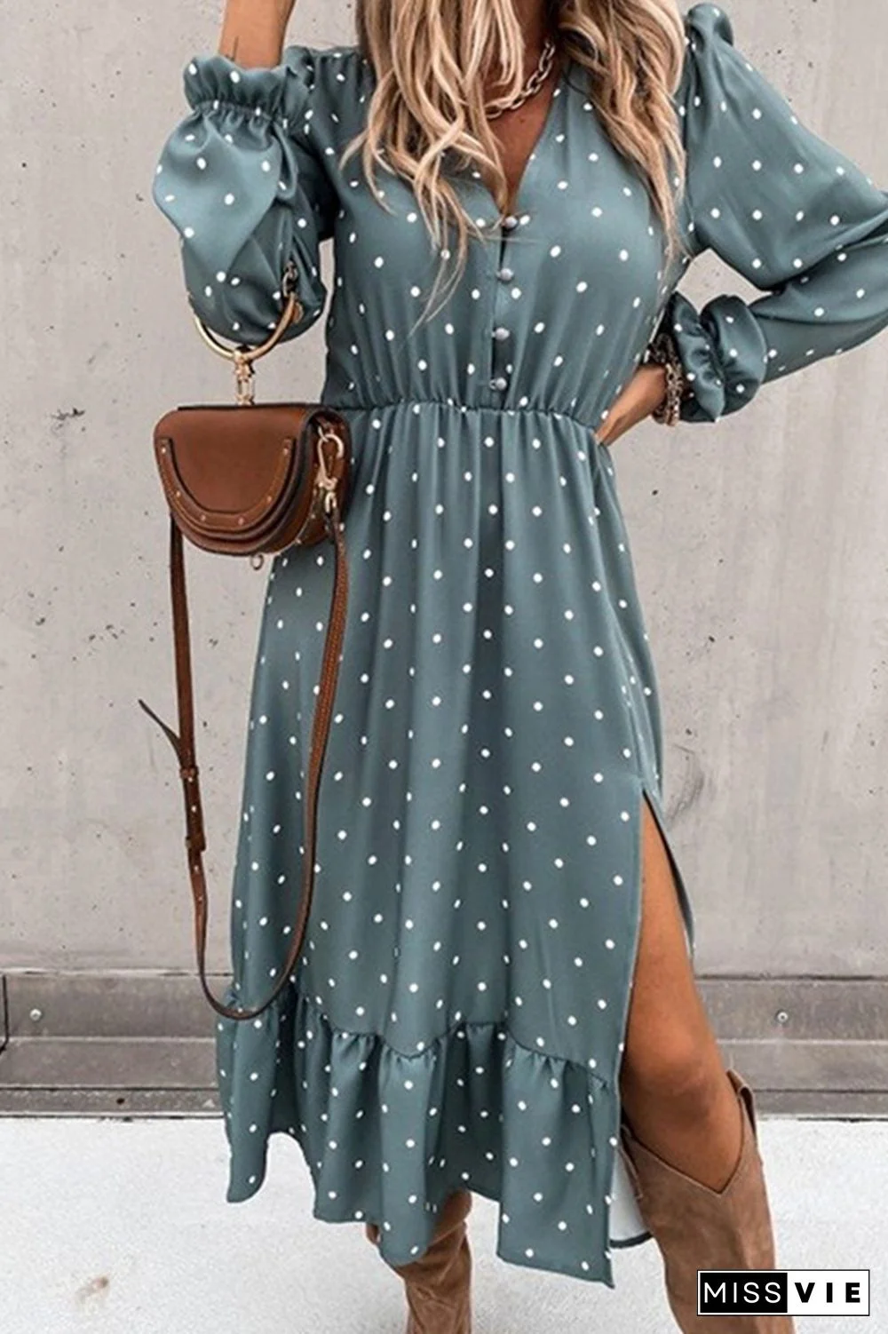 Casual Elegant Polka Dot Buckle Slit V Neck A Line Dresses