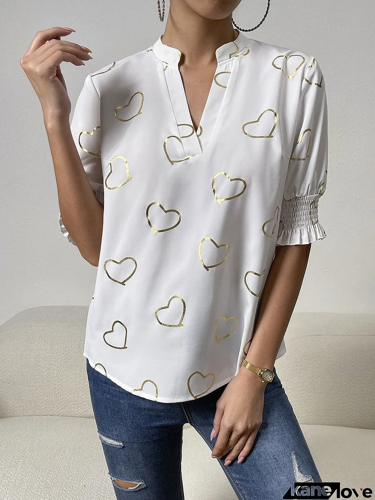 Heart Print Notched Neck Half Sleeve Blouse