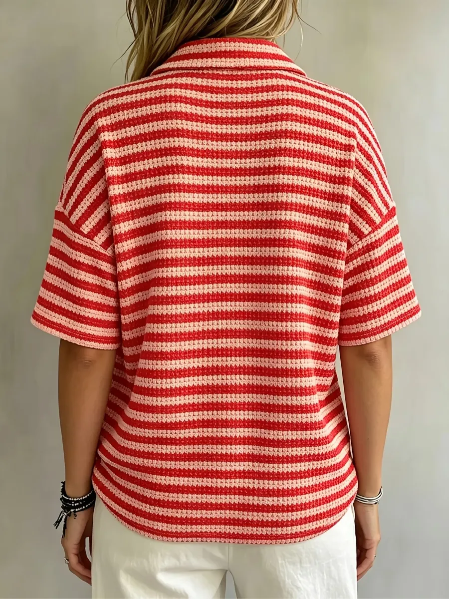 New Arrival 🔥Women'S Fashion Striped Waffle Short-Sleeved Polo Shirt