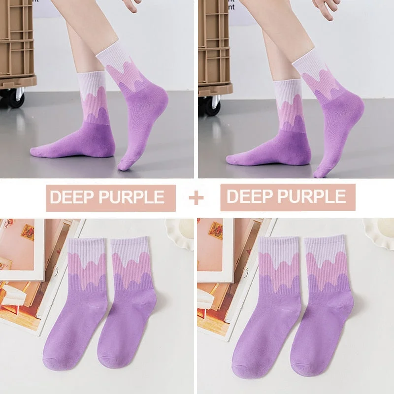 FINETOO 2Pairs/lot Women Midi Tube Socks Female Autumn Winter Candy Colors Korean Japanese Stitching Cotton Girls Graffiti Sock