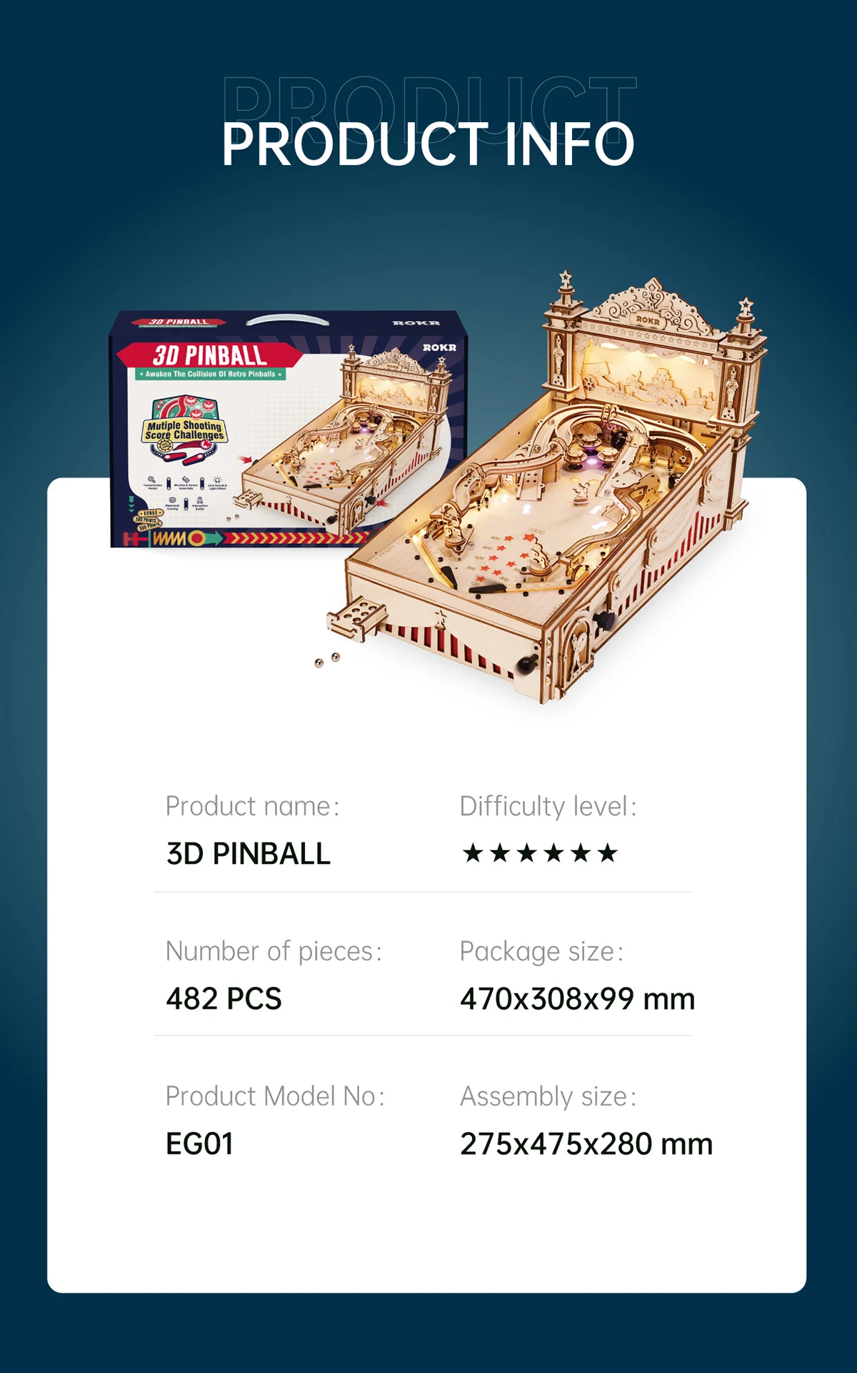 Tegooe 3D Wooden Pinball Machine Puzzle - DIY Mechanical Model Kit for Adults