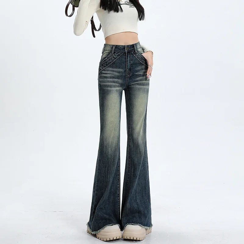 Aiertu Blue High Waist Skinny Pants Jeans Women Autumn High Street Slimming Trumpet Denim Pants Retro Extended Version Horseshoe Pants aiertu