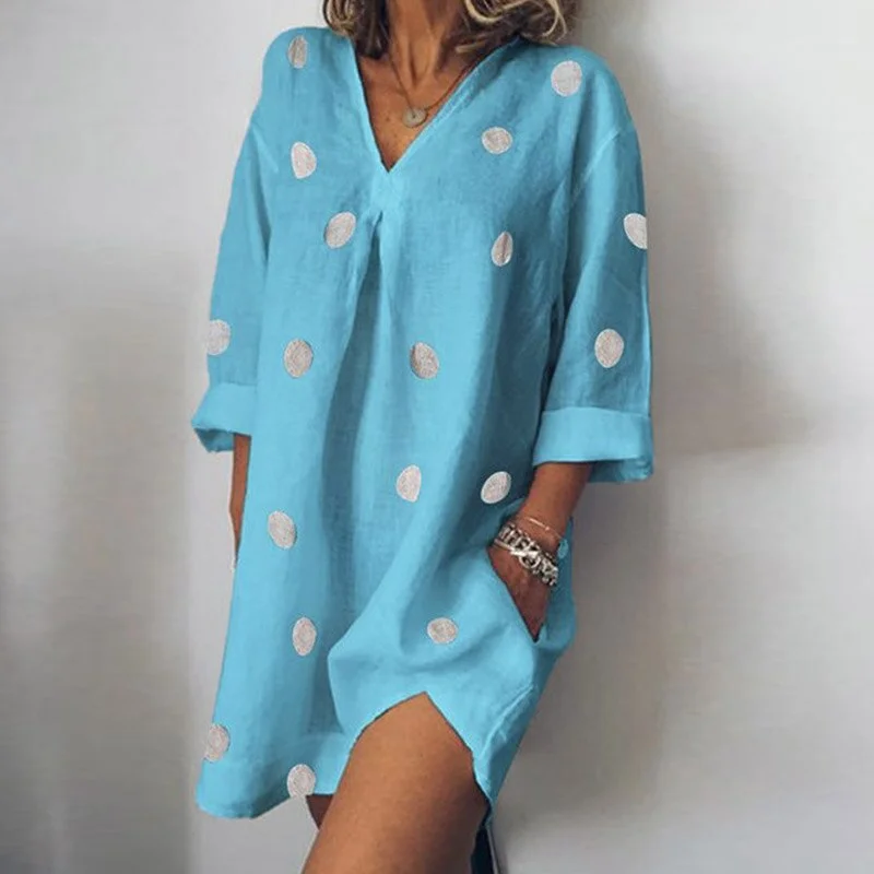 2021 Loose Shirt Dress Women Long Sleeve V Neck Pocket Beach Dresses For Women Dot Print Mini Dress Vintage Office Lady Dress