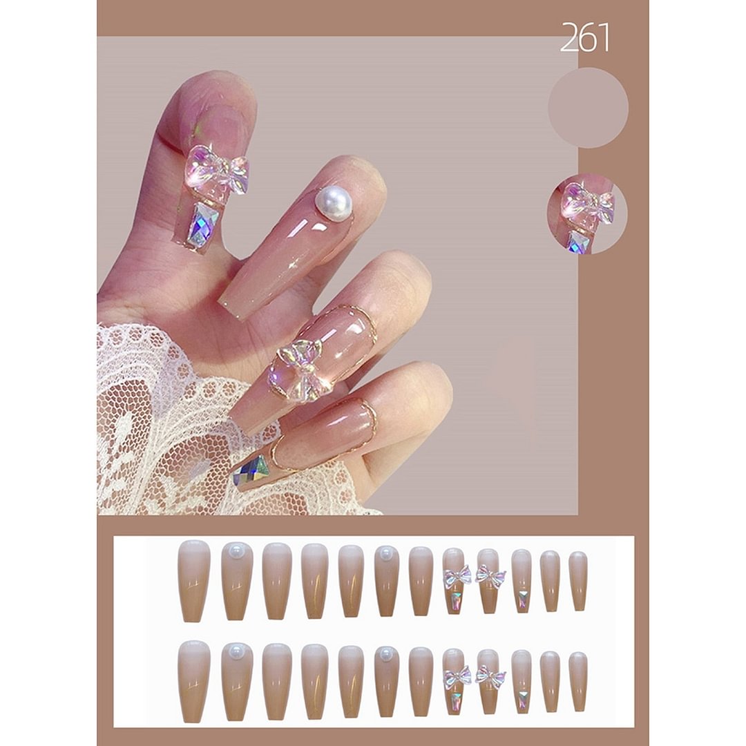 24pcs Wearable Long Coffin False Nails With Diamonds Colorful Butterfly Fake Nails French Ballerina Nails Full Cover Nail Tips