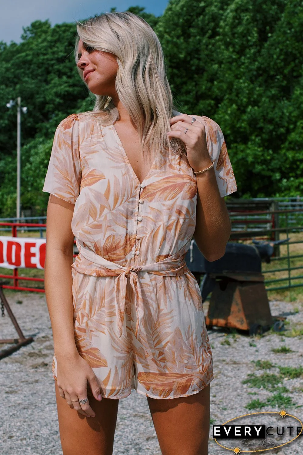 Khaki Tropical Leaf Print Button Belted Chiffon Romper