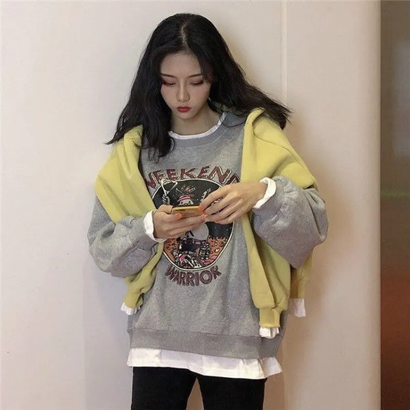 Women No Hat Hoodies Pullover Fake Two Pieces Plus Velvet Thicker Sweatshirts Printed Streetwear Harajuku Casual Loose Stylish