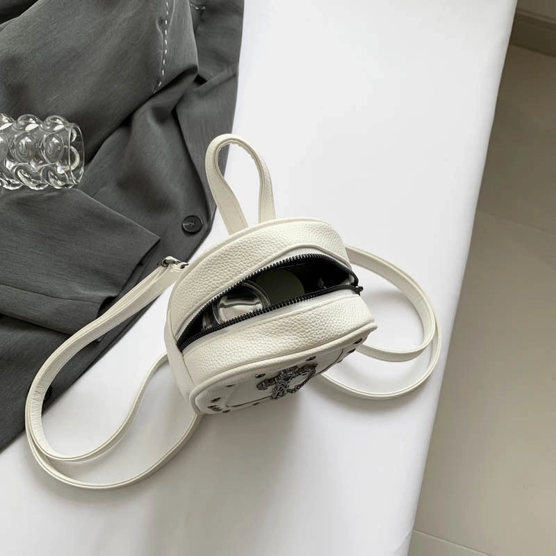 Halloween Women’s Medium Pu Leather Cross Skull Streetwear Oval Zipper Fashion Backpack