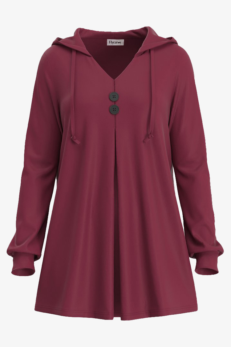 Flycurvy Plus Size Casual Burgundy Pleated Button Threaded Sleeve Hooded
