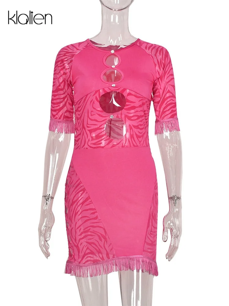 KLALIEN Cut Out Sexy Zebra Mesh Transparent Women's Mini Dress for Beach Holiday Night Club Party Bodycon Pencil Short Dresses