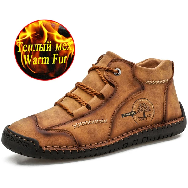 Winter Warm Boots Men's Leather Waterproof Ankle Boots Fashion Warm Fur Men's Snow Boots Outdoor Non-slip Men's Motorcycle Boots