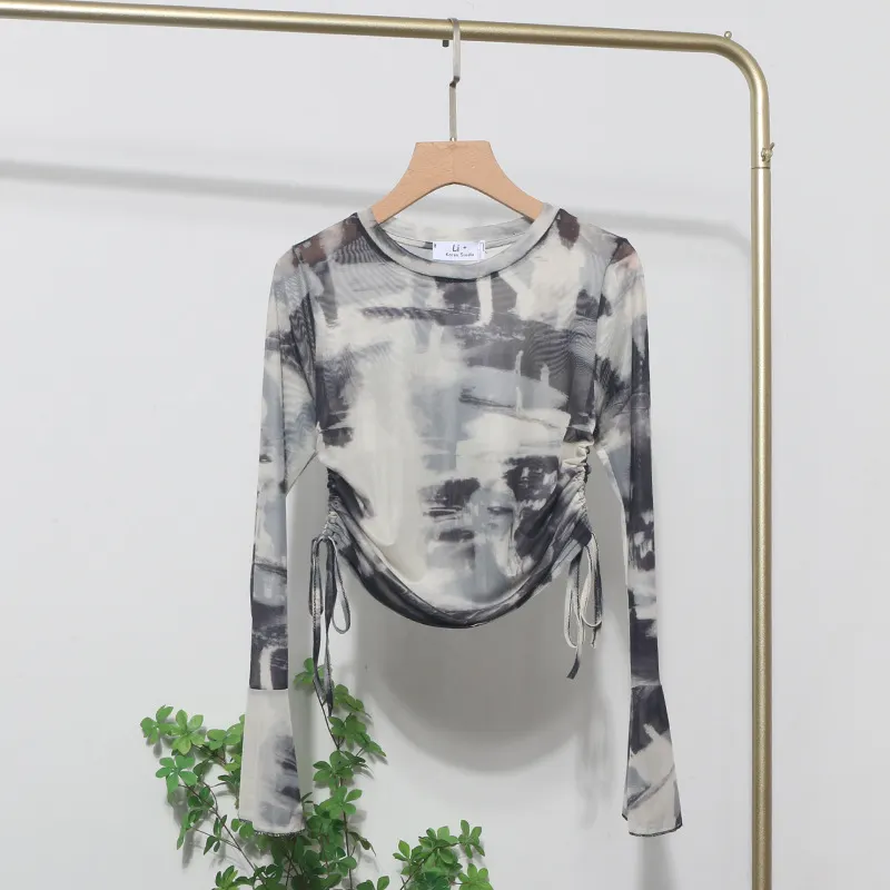 Churchf Sunscreen Not Sultry Hot Tie Dye Net Yarn Long-Sleeved T-Shirt Drawstring Tethered With Short-Sized T-Shirt Horn Sleeve Top 8929
