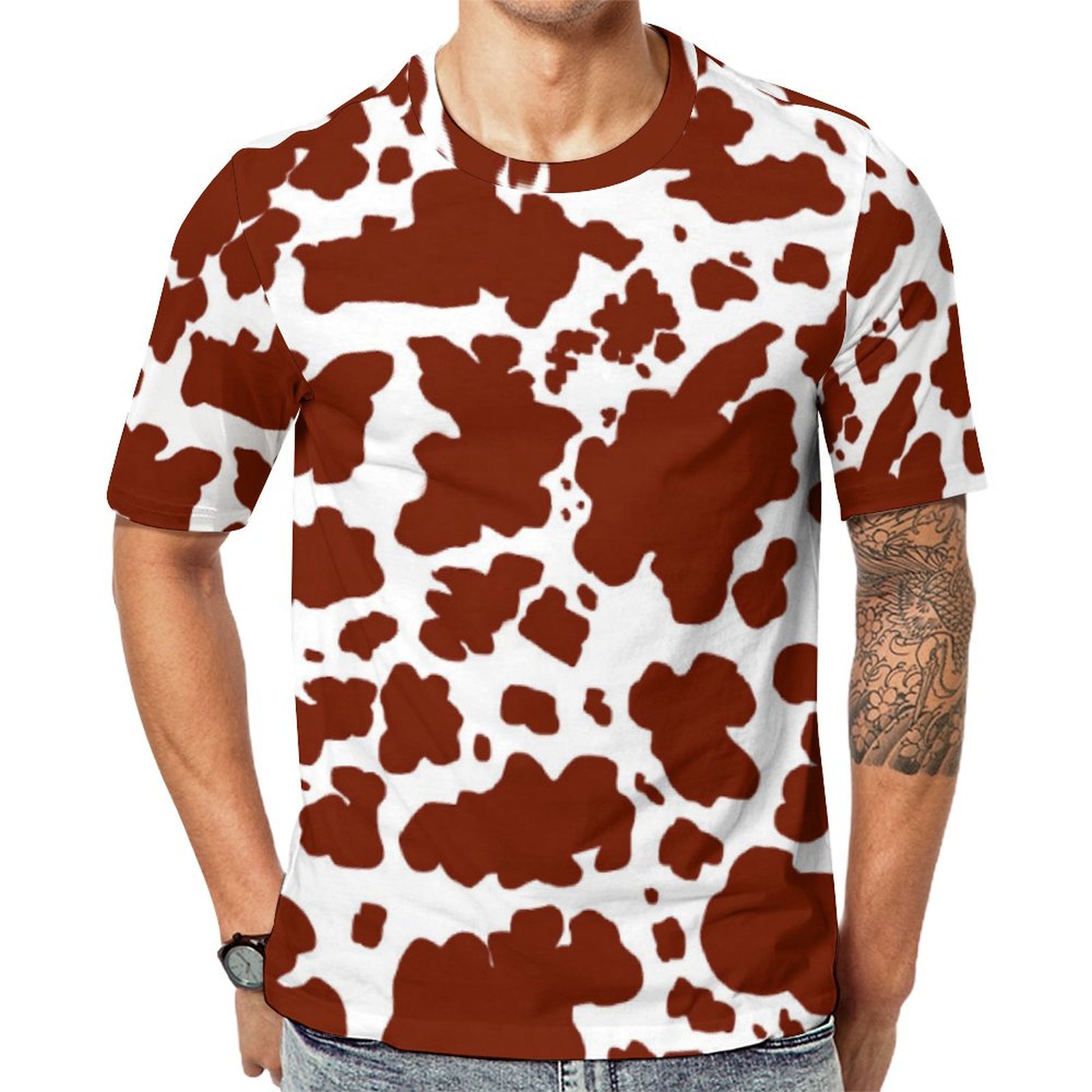 Modern Brown Cow Spots Print Cowboy Farmer Short Sleeve Print Unisex Tshirt Summer Casual Tees for Men and Women Coolcoshirts