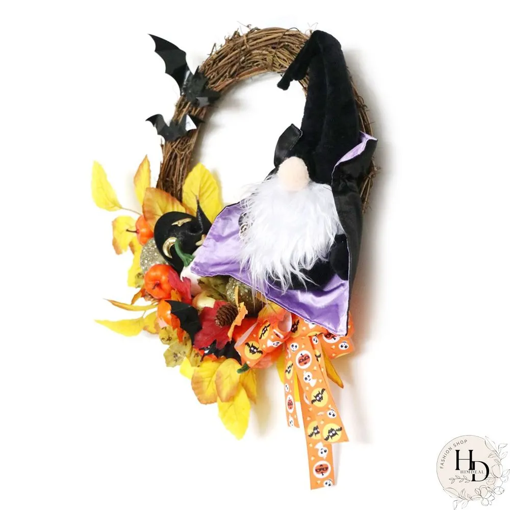 Halloween Themed Wreath With Wizard Gnome For Holiday Decoration