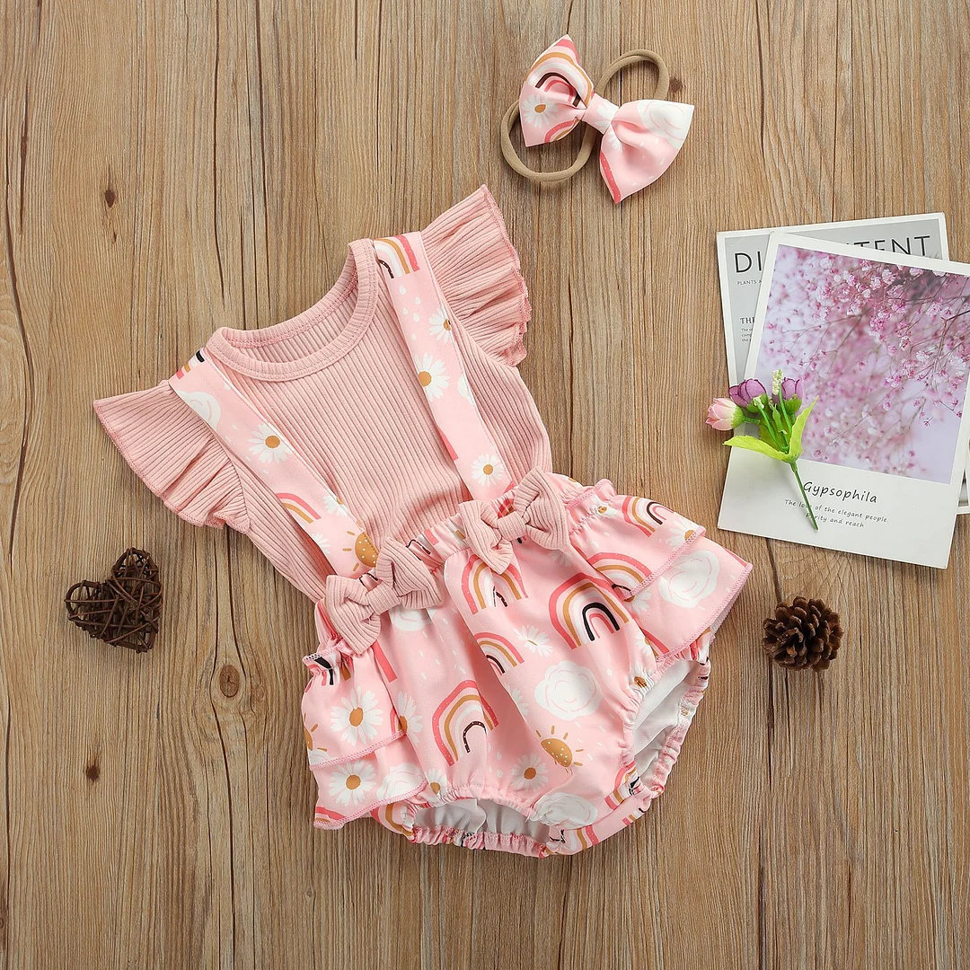 3Pcs Toddler Summer Outfit, Solid Color Ribbed Ruffle Sleeves Tops + Rainbow Bib Pants + Hair Rope for Baby Girls, 0-18 Months