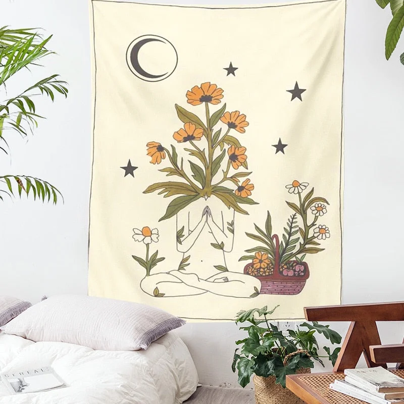 Tarot Card Tapestry Astrology Divination Witchcraft Sun Moon Goddess Sun Moon Star Wall Hanging Decor plant flower Tapestry
