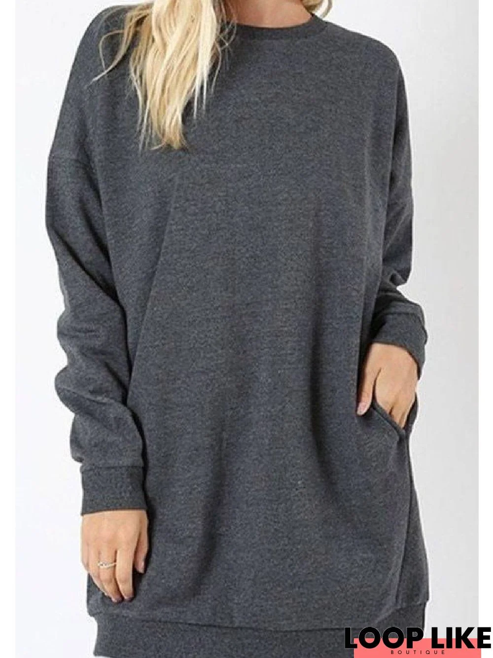 Gray Casual Pockets Round Neck Tunic T-Shirt