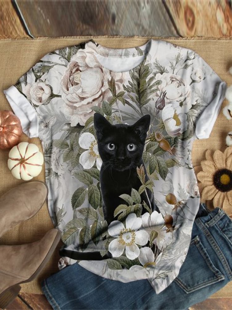 Bestdealfriday Cat Pattern Casual Floral PrinT-Shirts Tops 9106454