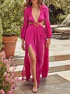 Solid Color Deep V-Neck Long Sleeves Maxi Dress