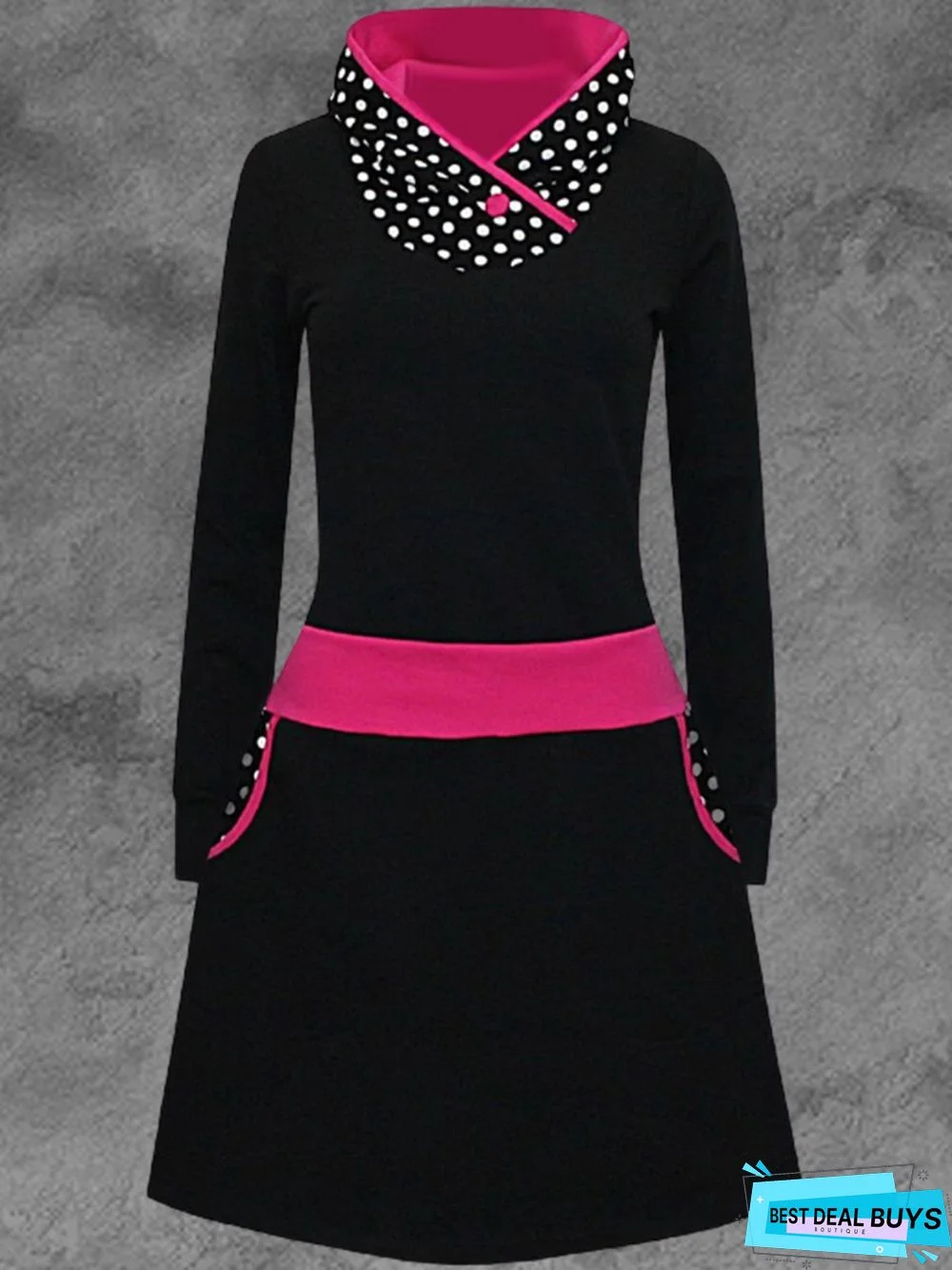 Black Polka Dots Printed Vintage Casual Stand Collar Long Sleeve A-line Knitting Dress